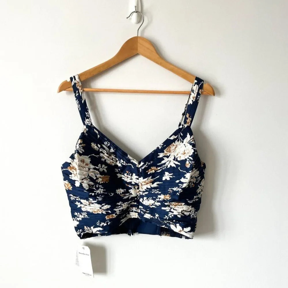 Abercrombie & Fitch Ruched Plunge Tank Top Blue Floral Size Large NWT - Picture 5 of 8